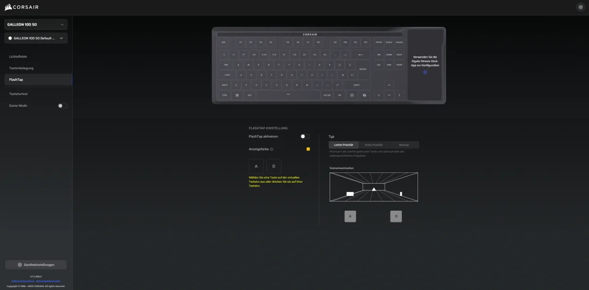 FlashTap-Einstellungen im Corsair Web Hub