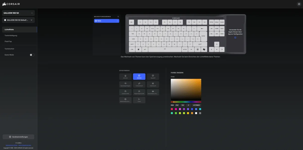 Einstellung der Lichteffekte im Corsair Web Hub
